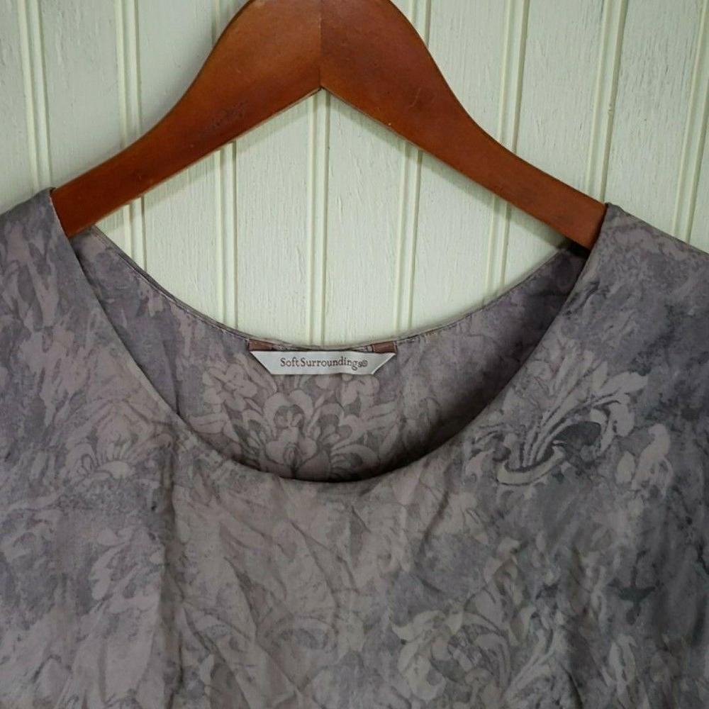 Soft Surroundings Blouse Womens Large Gray 3/4 Kimono Sleeve Floral Tunic Top